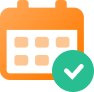 brand An orange calendar icon with a grid and a green checkmark in the bottom right corner.